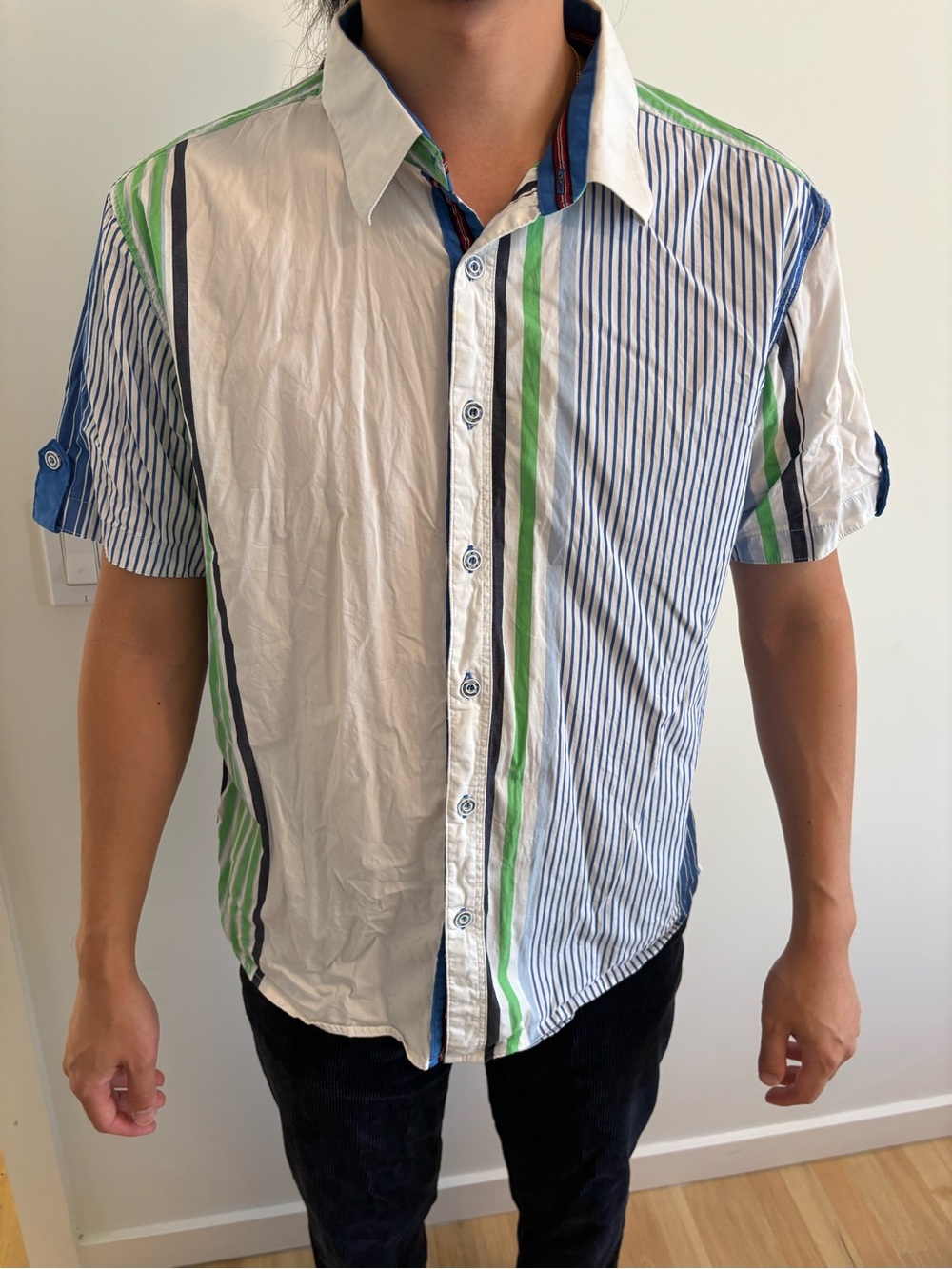 Men's Short-Sleeve Stripe Button-Up Shirt in White, Blue & Green vintage